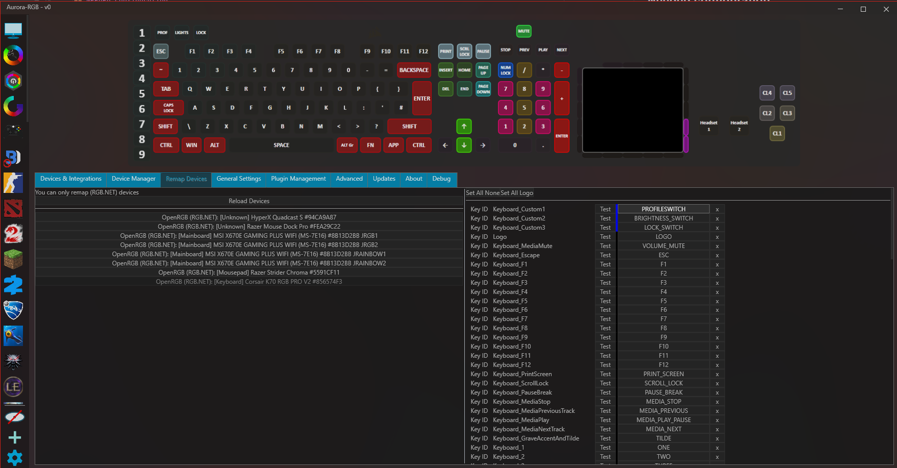 Remap Devices settings screenshot with some keyboard keys remapped