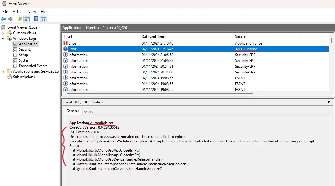 SCreenshot showing Aurora’s crash log on EventViewer