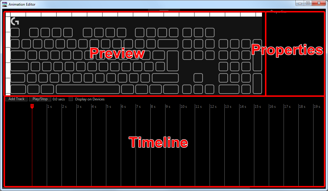 The main screen of the Animation Editor labelled showing the main controls