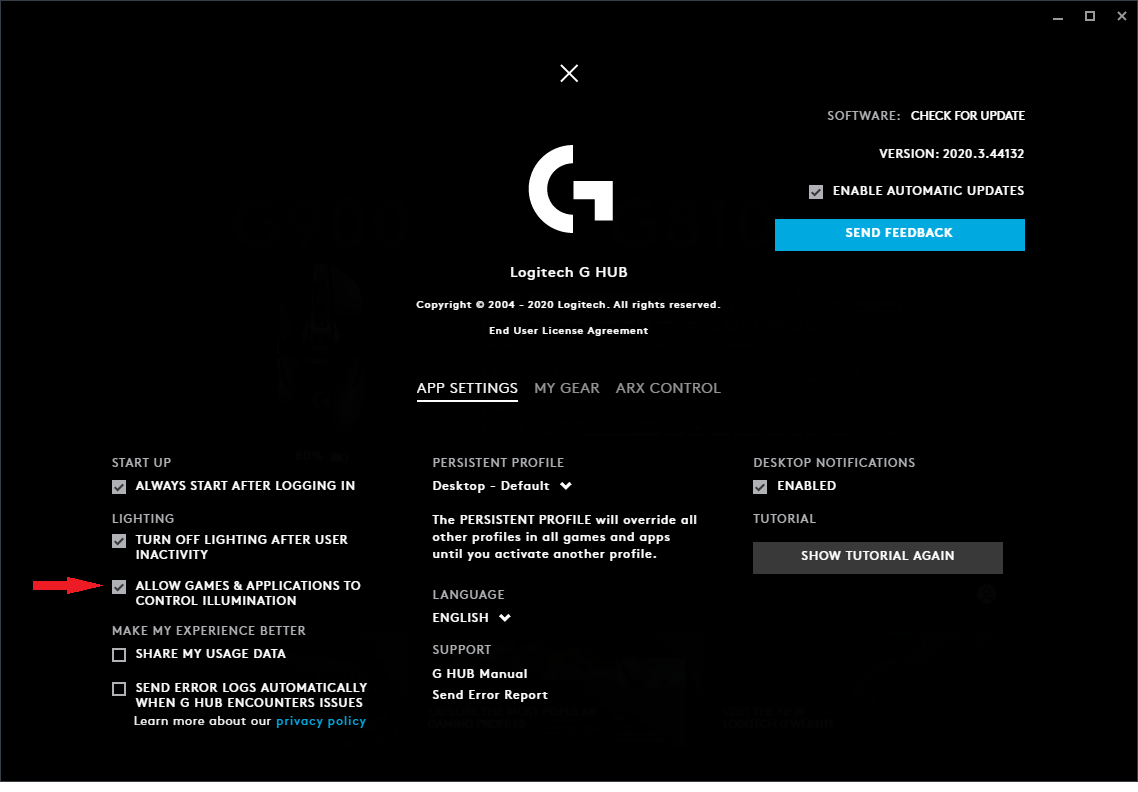 Turning on the SDK in Logitech G HUB