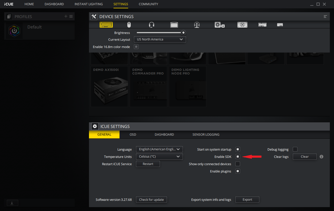 Turning on the SDK in Corsair iCUE