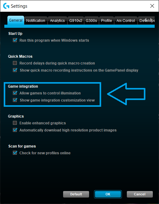 Enabling Game Integration Settings in Logitech Gaming Software