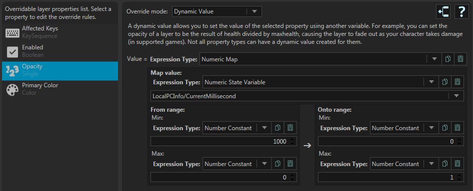 Basic example of a dynamic value being used with opacity to make the layer flash in and then fade out