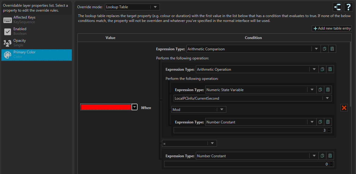 Example lookup table that sets the color to red every once every three seconds